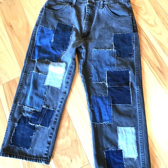 Upcycled Patchwork Long Jean Shorts: Denim Patched Hippie Pants, Waist Size 35 - Picture 7 of 9